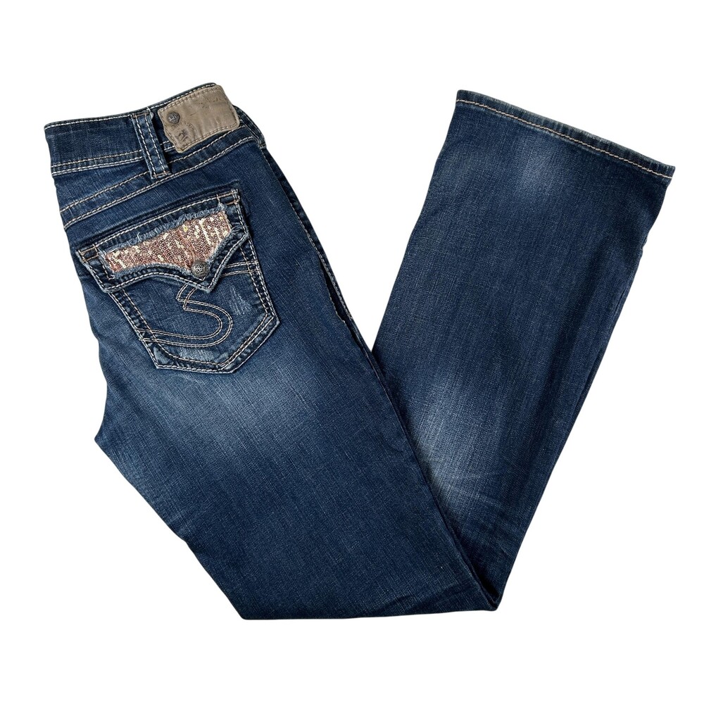 Silver Jeans Co Suki Mid Boot Jeans Womens 31x33 Blue Distressed Sequin Zebra